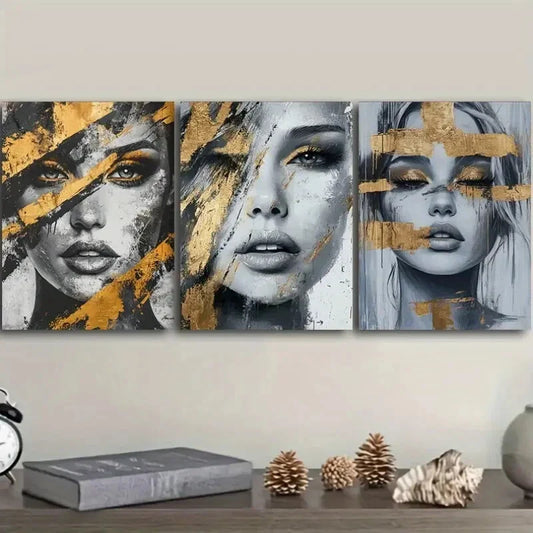 3pcs Abstract Woman Faces Black Golden & Gray Metal Print Ready to Hang Art