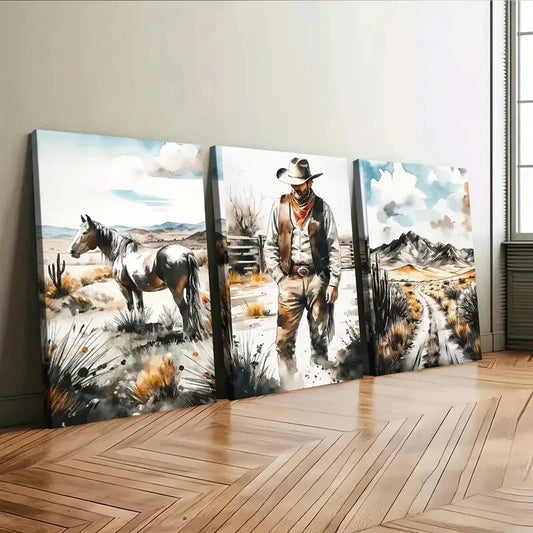 3pcs Horse Men Grasses Blue Sky White Clouds Wall Art Set Canvas Framed 40x60cm - High Quality Print 100% Australian Made Wall Canvas Ready to Hang