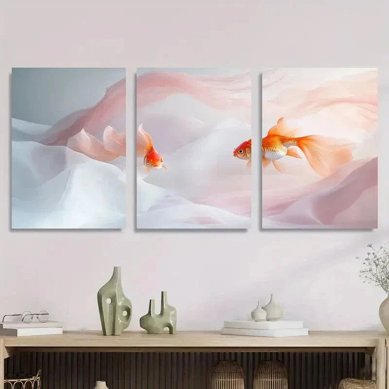3pcs Elegant Goldfish Soft Abstract Watercolor Metal Print Ready to Hang Art