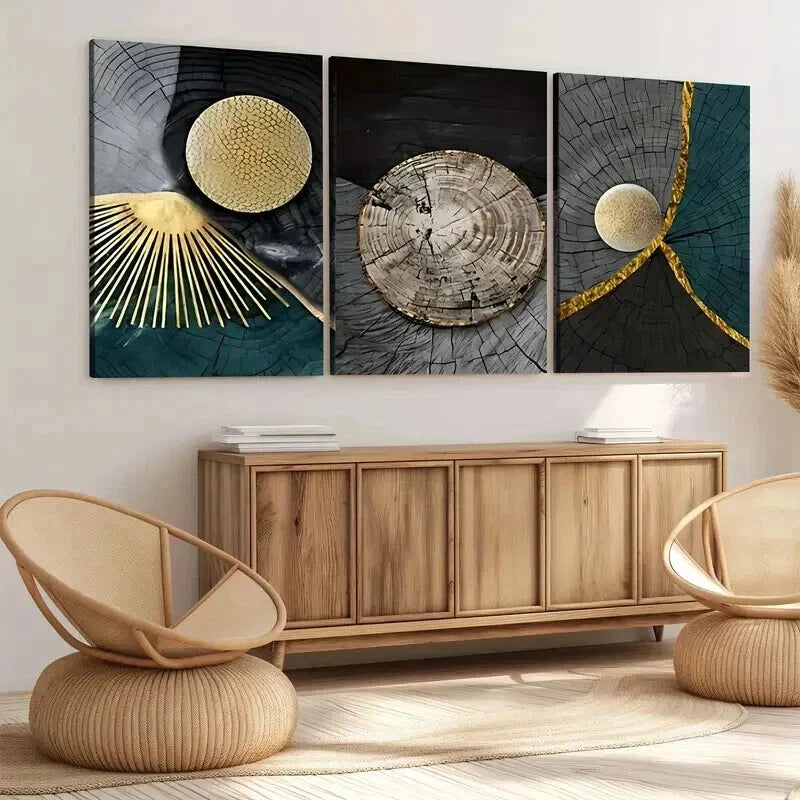 3pcs Abstract Art Tree Rings Modern Golden Blue Wall Art Set Canvas Framed 40x60cm - High Quality Print 100% Australian Made Wall Canvas Ready to Hang