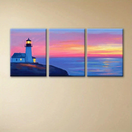 3pcs Sunset Lighthouse Coastal Peaceful Metal Print Ready to Hang Art