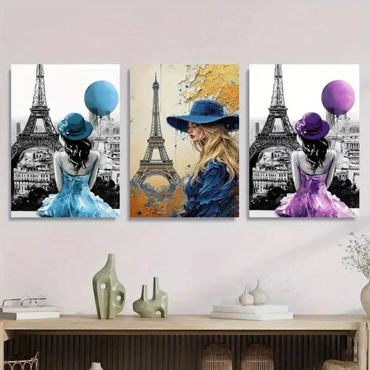 3pcs Paris Eiffel Tower Lady with Balloon Metal Print Ready to Hang Art
