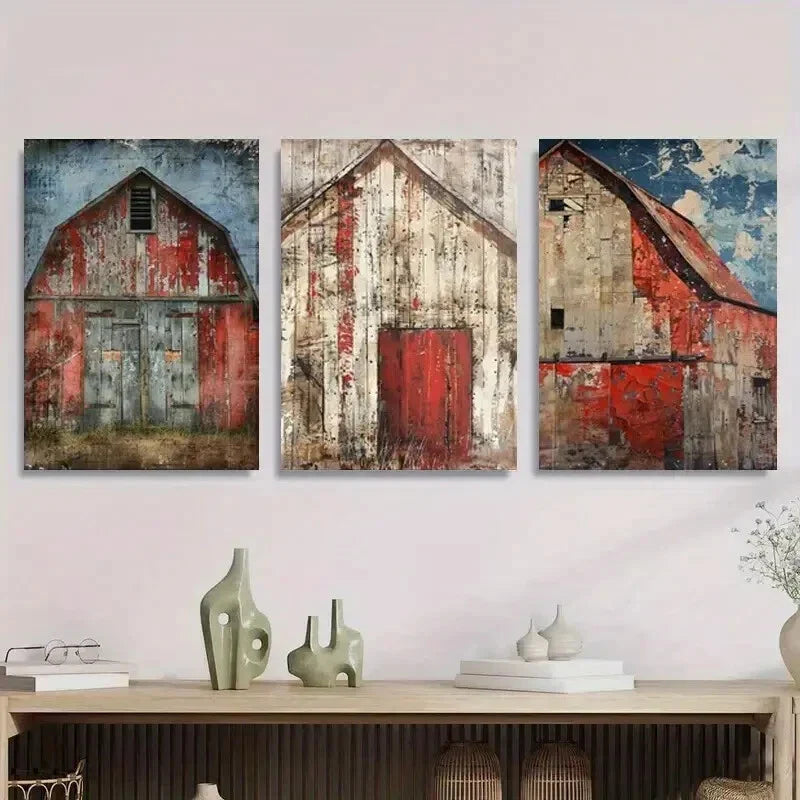 3pcs Vintage Barns Landscape Red Barn and Rustic Metal Print Ready to Hang Art