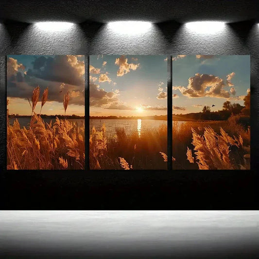 3pcs Sunset Lake Golden Reeds and Clouds Metal Print Ready to Hang Art