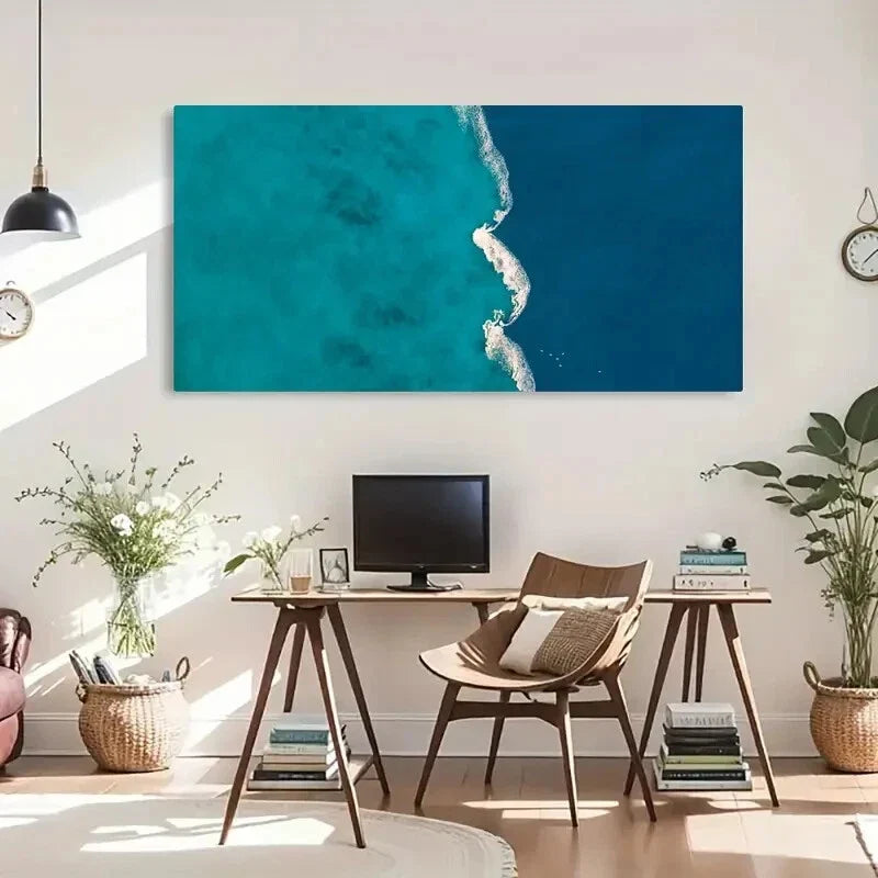 Blue Ocean Aerial View Décor Wall Art Canvas Office Home Room Framed 80x45cm