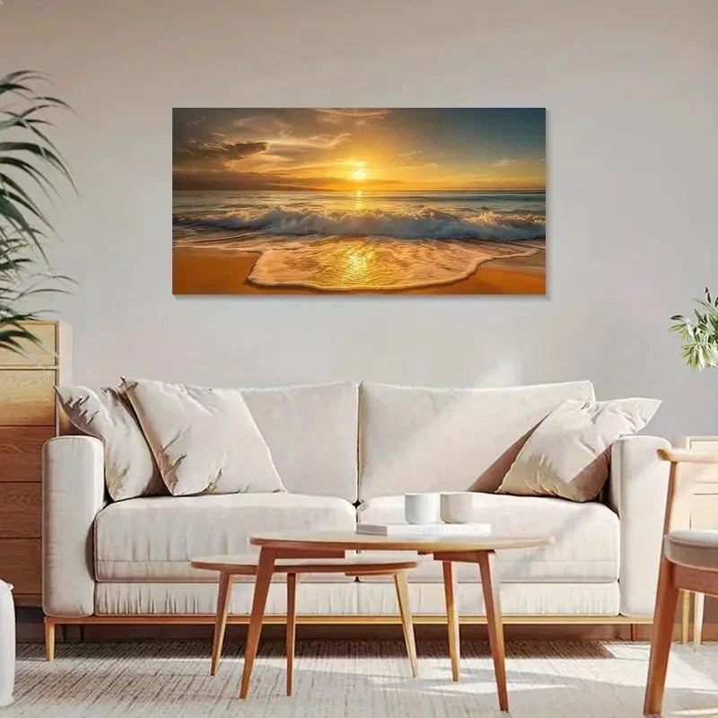 Vibrant Sunset Beach Wave Wall Art Canvas Office Home Room Framed 120x60cm