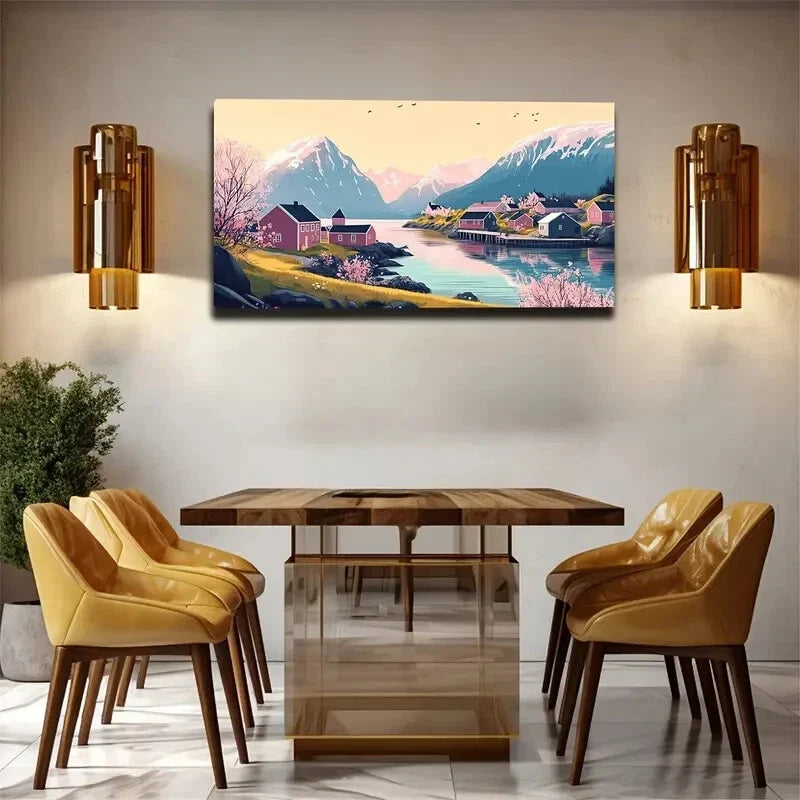 Serene Stream & Mountain Scene Wall Art Canvas Office Home Room Framed 120x60cm