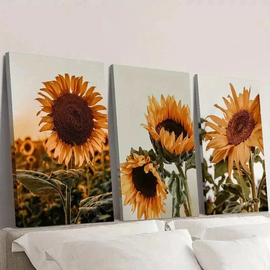 3pcs Nordic Sunflower Blooms in the Field Wall Art Set Canvas Framed 40x60cm - High Quality Print 100% Australian Made Wall Canvas Ready to Hang