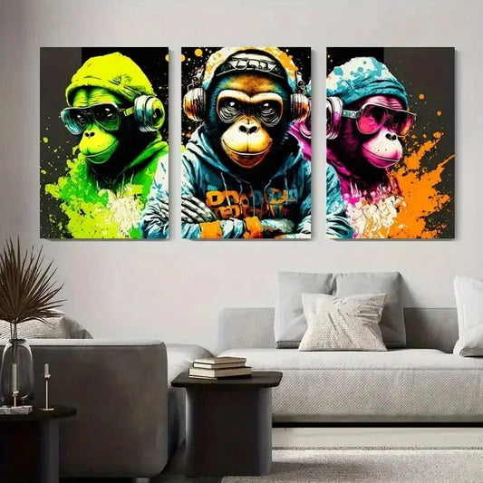 3pcs Colorful Monkeys with Headphones and Fashion Metal Print Ready to Hang Art