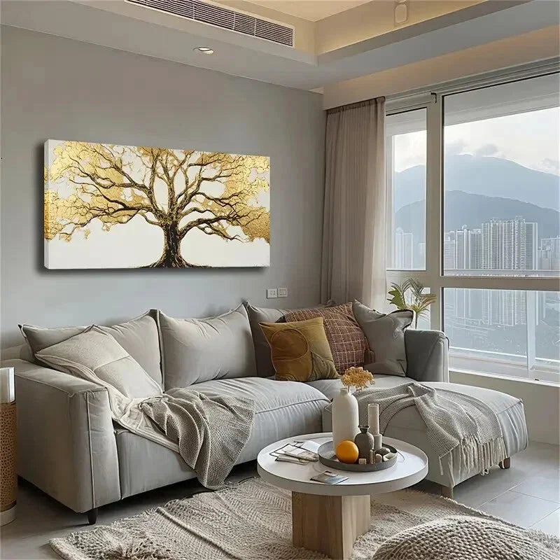 Golden Tree Detailed Branches Wall Art Canvas Office Home Room Framed 120x60cm