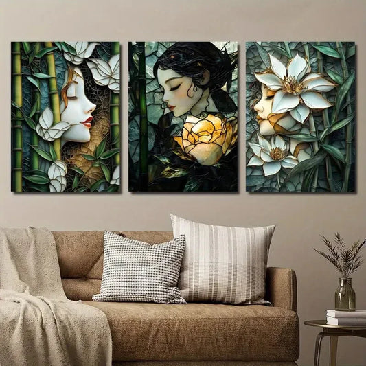3pcs Stained Glass Style Girl Botanical & Floral Metal Print Ready to Hang Art