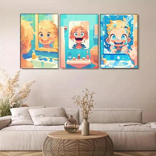 3pcs Cute Boy Washing Face Comic - style Wall Art Set Canvas Framed 40x60cm - High Quality Print 100% Australian Made Wall Canvas Ready to Hang