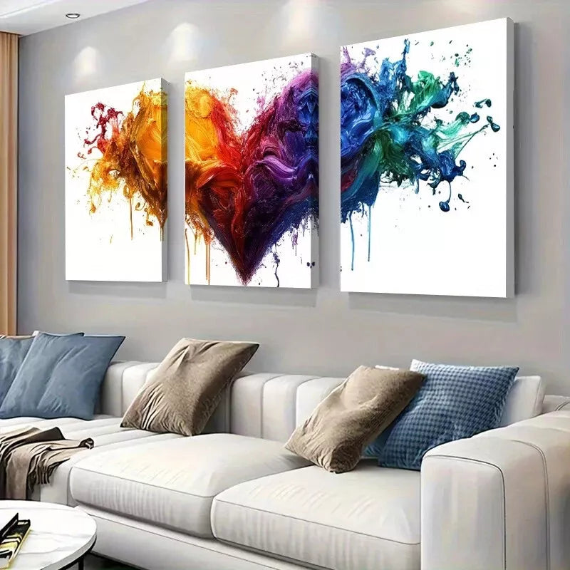 3pcs Modern Vibrant Abstract Colorful Heart Wall Art Set Canvas Framed 40x60cm - High Quality Print 100% Australian Made Wall Canvas Ready to Hang