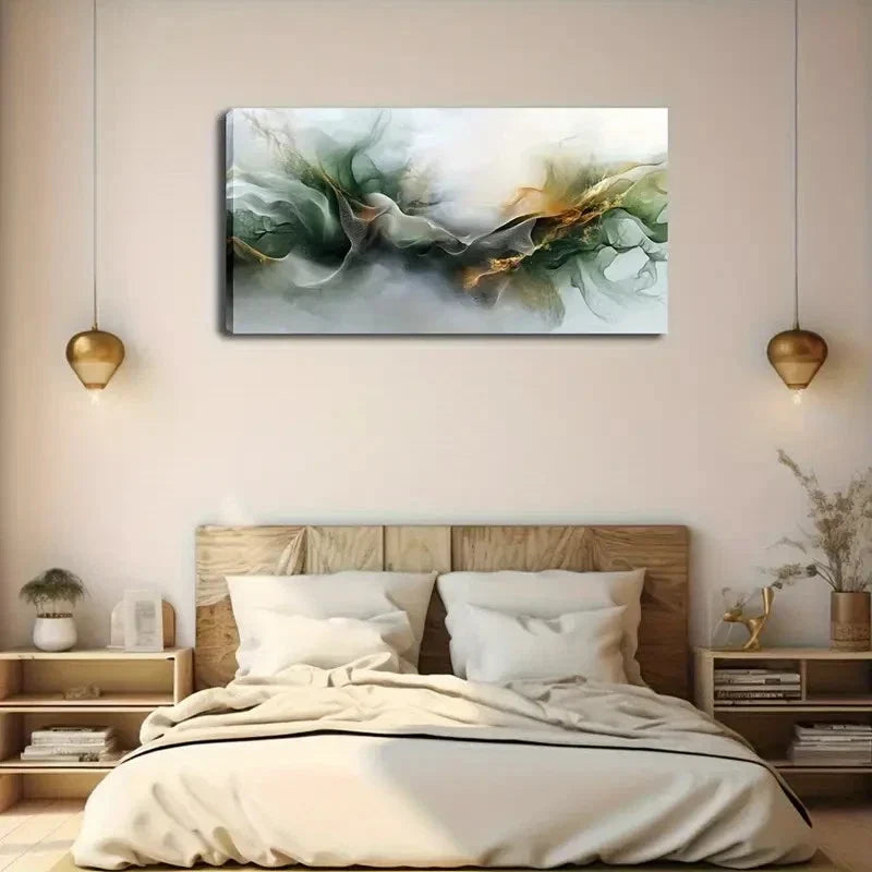 Green White Golden Swirls Wall Art Canvas Office Home Room Framed 80x45cm