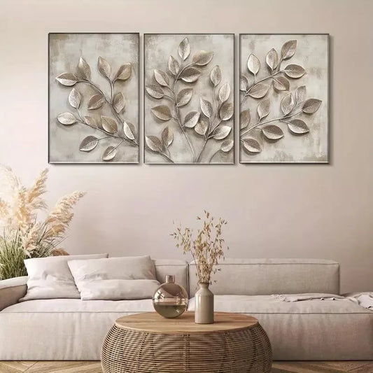 3pcs Metallic Leaf Branch Triptych Wall Art Set Canvas Framed 40x60cm - High Quality Print 100% Australian Made Wall Canvas Ready to Hang