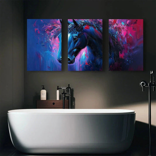 3pcs Abstract Painting Blue Horse Style Metal Print Ready to Hang Art