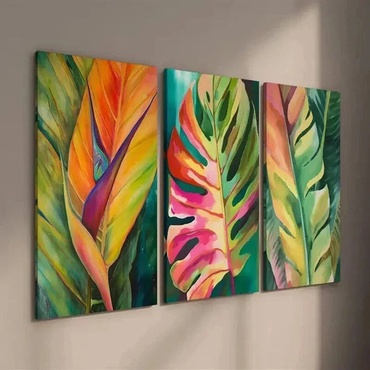 3pcs Colorful Monstera & Palm Leaf Designs Wall Art Set Canvas Framed 40x60cm - High Quality Print 100% Australian Made Wall Canvas Ready to Hang