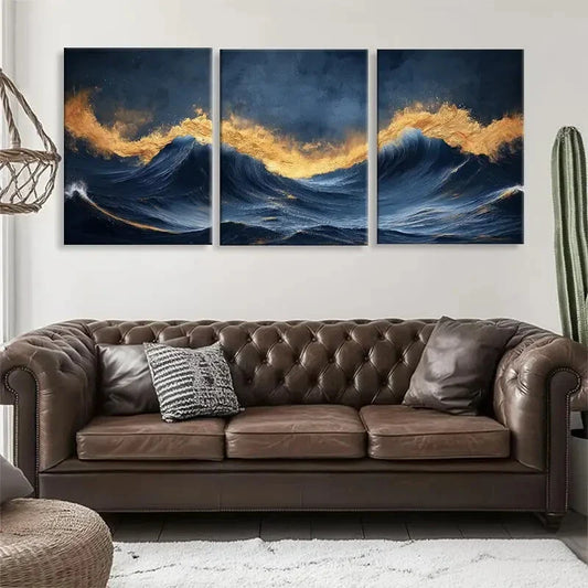 3pcs Golden Ocean Waves with Fiery Glow Perfect Wall Art Set Canvas Framed 40x60cm - High Quality Print 100% Australian Made Wall Canvas Ready to Hang