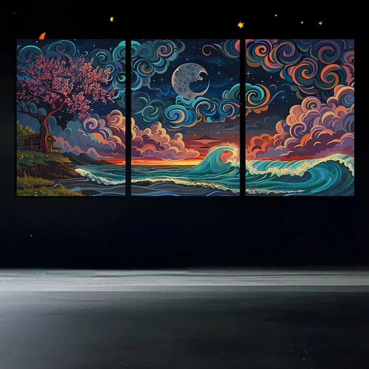 3pcs Storm Night Vibrant Abstract Ocean and Tree Metal Print Ready to Hang Art