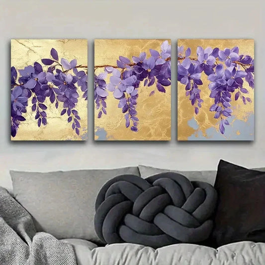 3pcs Gold foil floral wisteria Metal Print Ready to Hang Art