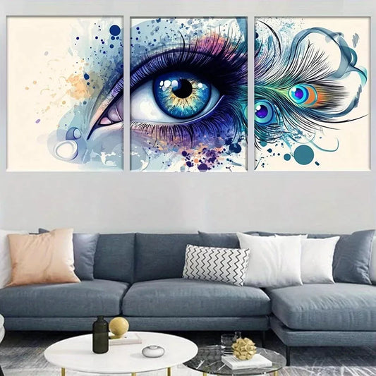 3pcs Vibrant Abstract Eye & Peacock Feather Wall Art Set Canvas Framed 40x60cm - High Quality Print 100% Australian Made Wall Canvas Ready to Hang