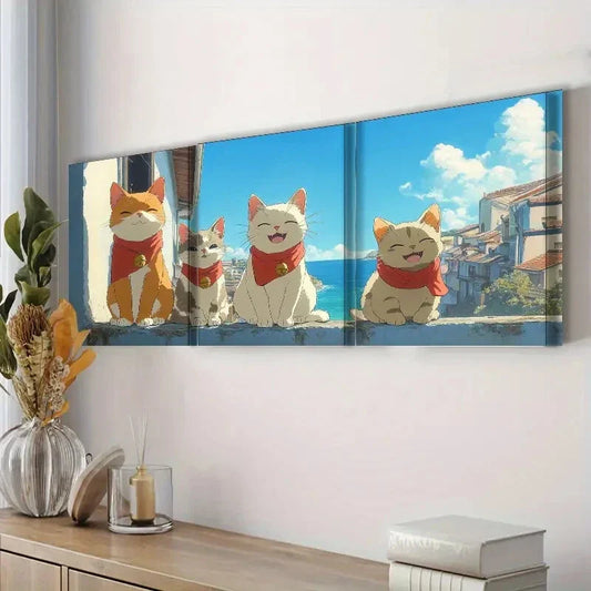 3pcs Happy Cat Orange Hanging Paintings Home Wall Art Set Canvas Framed 40x60cm - High Quality Print 100% Australian Made Wall Canvas Ready to Hang