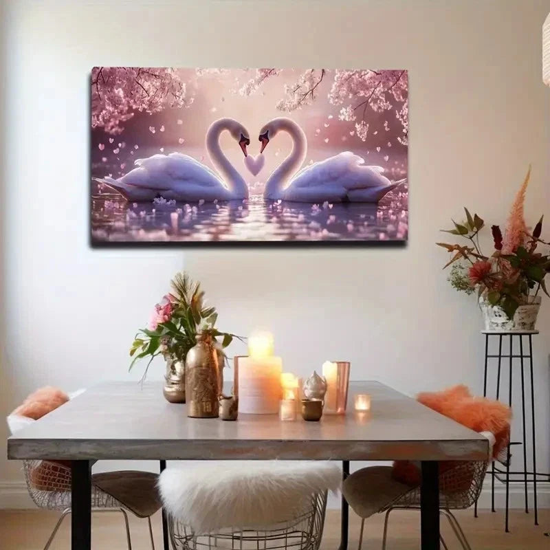 Swans & Cherry Blossoms Wall Art canvas office home room framed 120x60cm