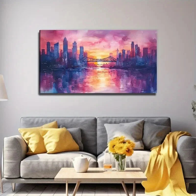 City Silhouette At Sunset Wall Art Canvas Office Home Room Framed 80x45cm