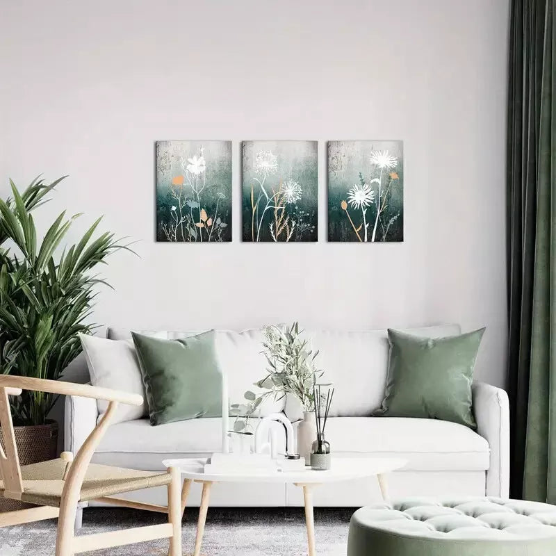 3pcs Vintage Aesthetic Green and Grey Plant Wall Art Set Canvas Framed 40x60cm - High Quality Print 100% Australian Made Wall Canvas Ready to Hang