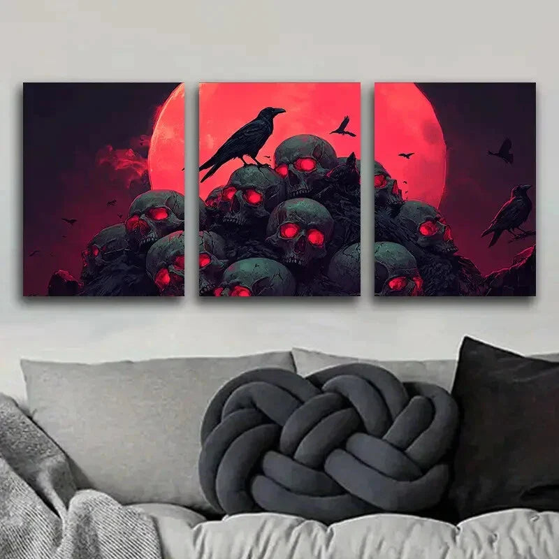 3pcs Gothic Skulls and Crow Red Darkness Fear Wall Art Set Canvas Framed 40x60cm - High Quality Print 100% Australian Made Wall Canvas Ready to Hang