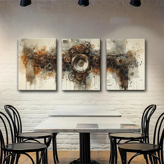 3pcs Rusty Gears and Watercolor Drips Perfect Wall Art Set Canvas Framed 40x60cm - High Quality Print 100% Australian Made Wall Canvas Ready to Hang