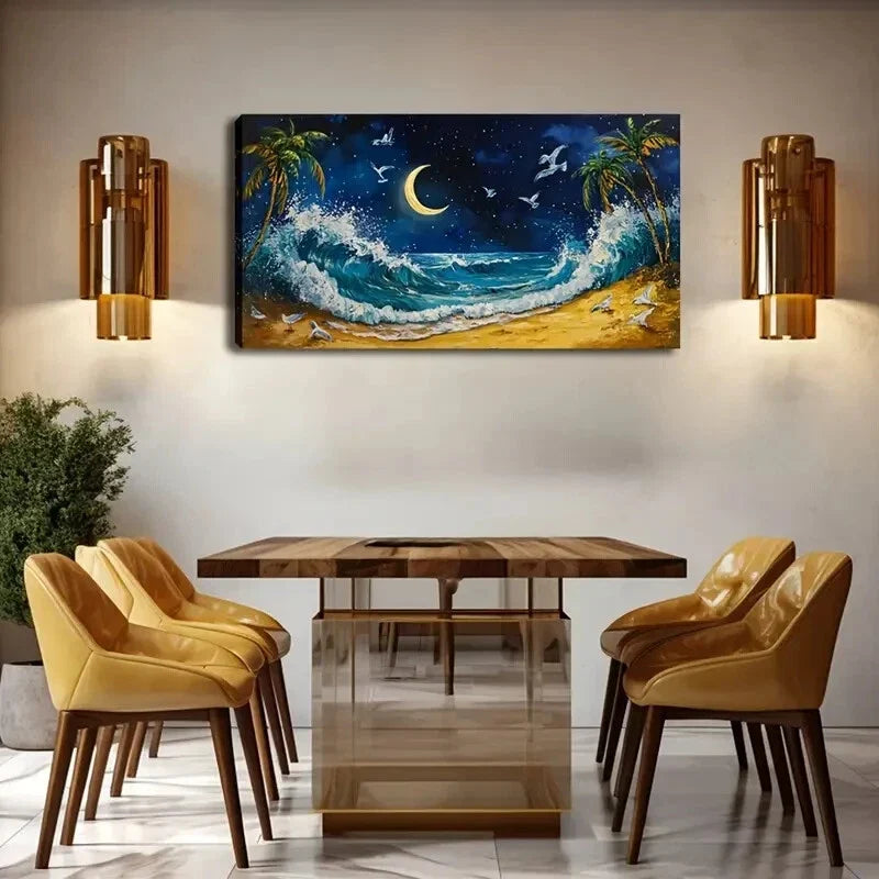 Moonlit Beach Scene With Waves Wall Art Canvas Office Home Room Framed 120x60cm