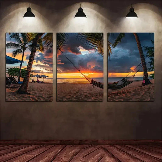 3pcs Tropical Beach & Palm Trees Sunset Metal Print Ready to Hang Art