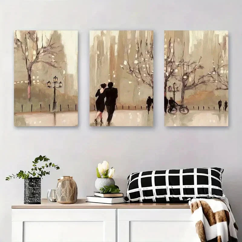 3pcs Couple Walking in the Park, Abstract Elegant Metal Print Ready to Hang Art