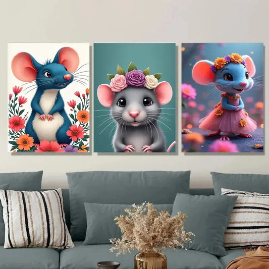 3pcs Charming Mouse Cute Animal Picture Wall Art Set Canvas Framed 40x60cm - High Quality Print 100% Australian Made Wall Canvas Ready to Hang