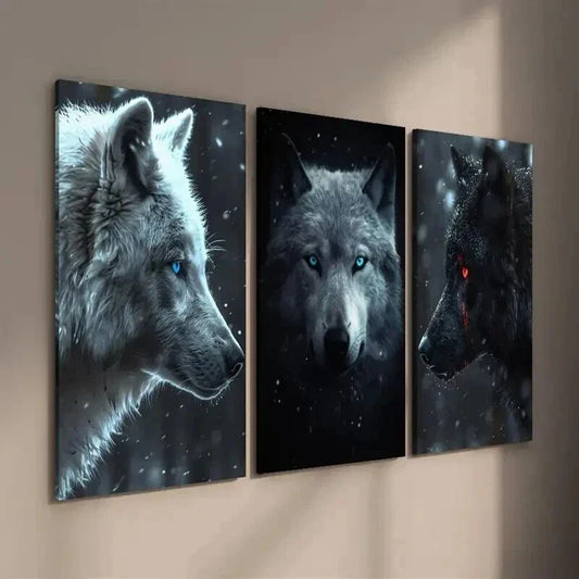 3pcs White And Black Glowing Eyes Wolves Wall Art Set Canvas Framed 40x60cm - High Quality Print 100% Australian Made Wall Canvas Ready to Hang