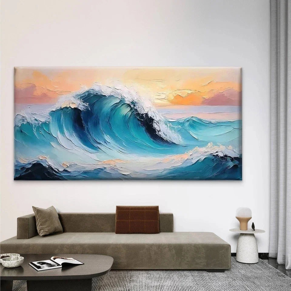 Ocean Wave Sunset Wall Art Canvas Office Home Room Framed 80x45cm