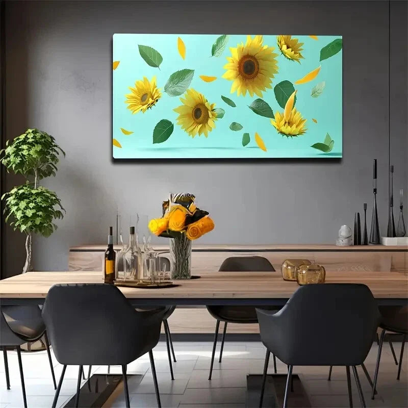 Sunflowers Dancing Leaves Wall Art canvas office home room framed 120x60cm