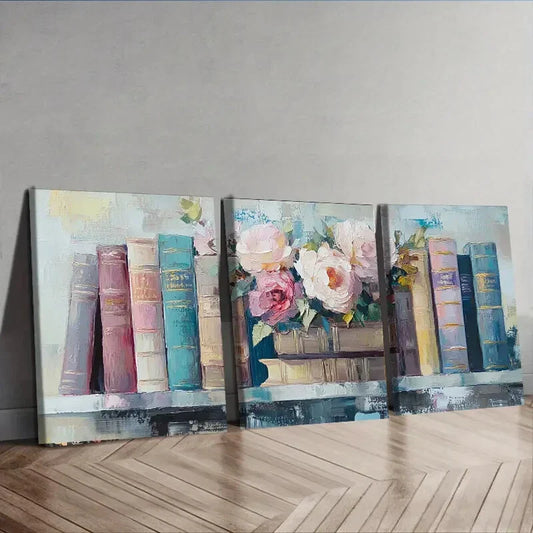 3pcs Books on the Shelf Rose Charm Perfect Wall Art Set Canvas Framed 40x60cm - High Quality Print 100% Australian Made Wall Canvas Ready to Hang