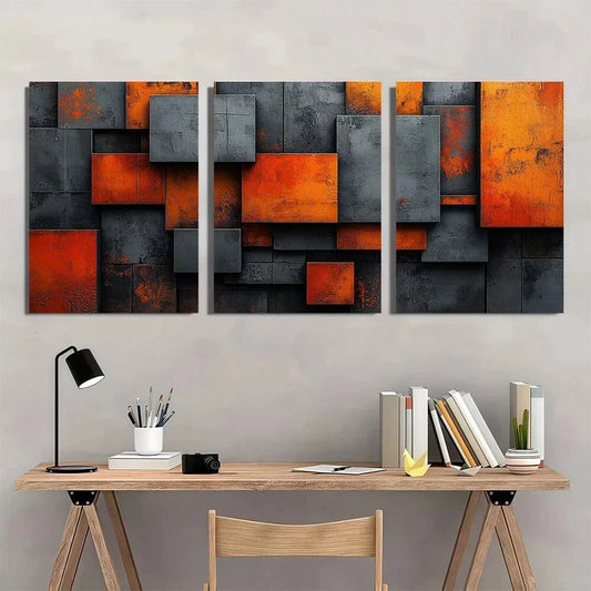 3pcs Abstract Modern Geometric Orange Grey Black Metal Print Ready to Hang Art