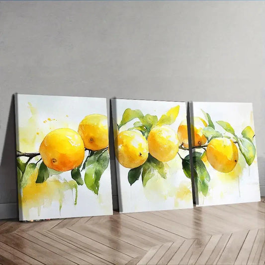 3pcs Lemons and Green Leaves Nature Yellow Wall Art Set Canvas Framed 40x60cm - High Quality Print 100% Australian Made Wall Canvas Ready to Hang