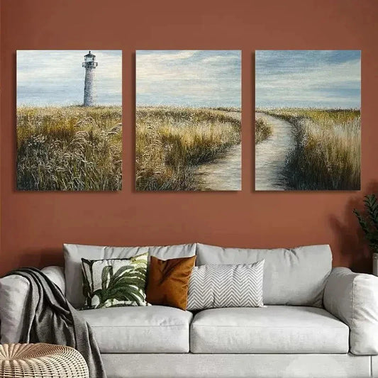 3pcs Serene Coastal Landscape with Golden Grasses Metal Print Ready to Hang Art