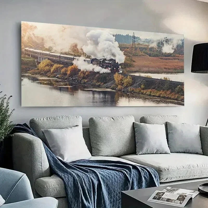 Vintage Steam Train Retro River Wall Art Canvas Office Home Room Framed 80x45cm