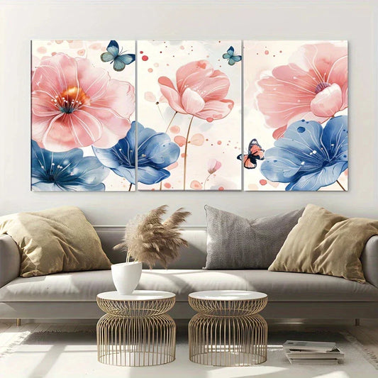 3pcs Butterfly and Flower Decorations Paintings Metal Print Ready to Hang Art