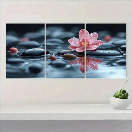 3pcs Zen Orchid Serene Water Reflection Pebble Metal Print Ready to Hang Art