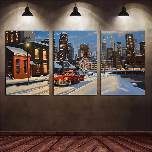 3pcs Snowy Urban Scene with Classic Car & Ferris Metal Print Ready to Hang Art