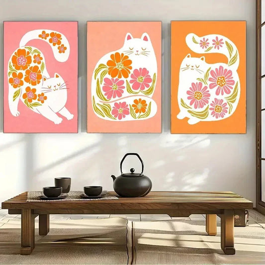 3pcs Floral and Cute Cats Art Decorative Poster Metal Print Ready to Hang Art