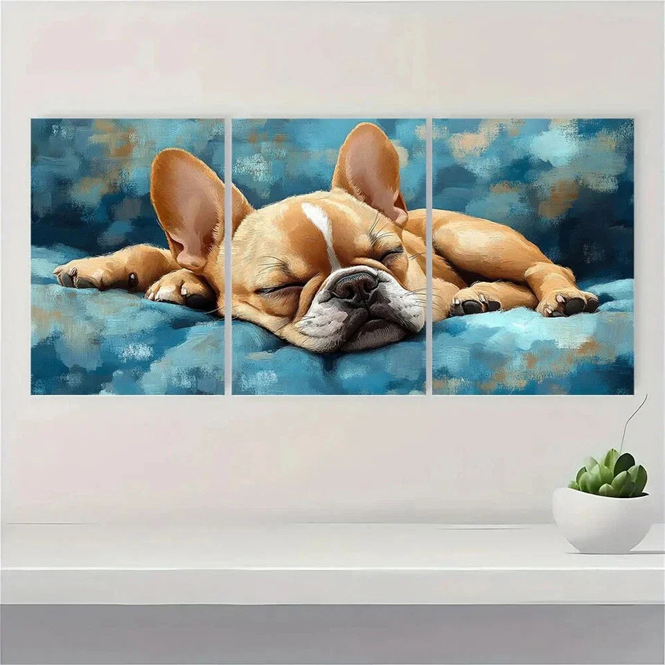 3pcs Bulldog Sleeping on the Bed Line Metal Print Ready to Hang Art