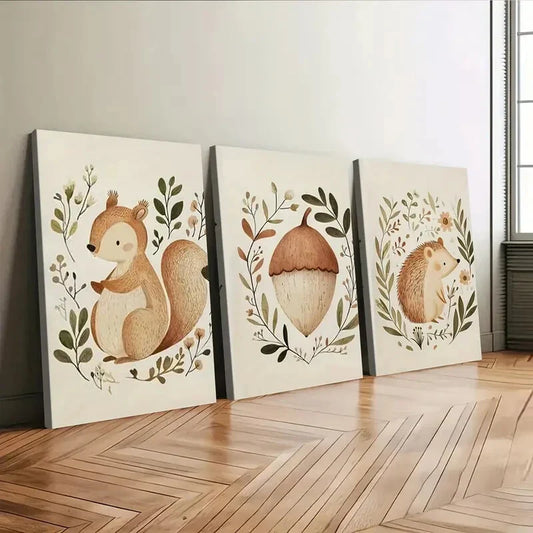 3pcs Squirrel Hedgehog Acorn Green Leaves Tail Wall Art Set Canvas Framed 40x60cm - High Quality Print 100% Australian Made Wall Canvas Ready to Hang