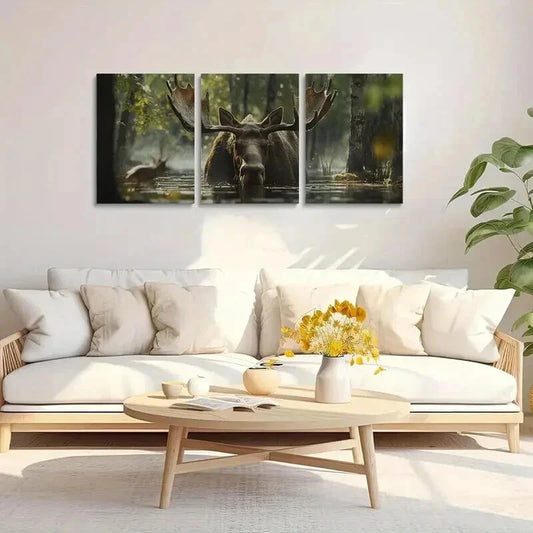 3pcs Moose in the Sunlit Lush Greenery Woods Wall Art Set Canvas Framed 40x60cm - High Quality Print 100% Australian Made Wall Canvas Ready to Hang